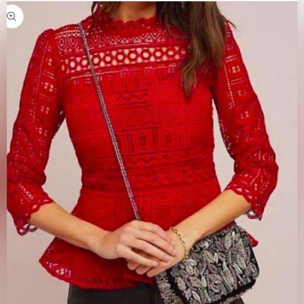 Anthro Moulinette Soeurs Red Lace Peplum Blouse Size 4 NWOT